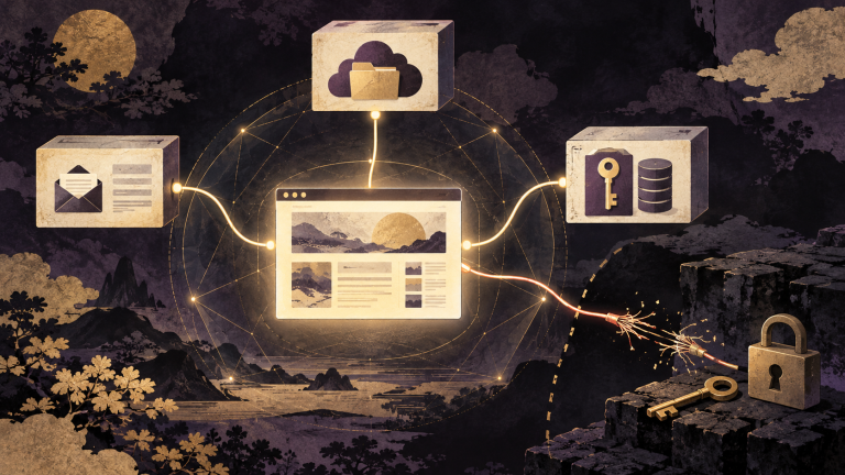 A publishing website connected to forms, cloud files and an API vault, with a broken external link and a lock.