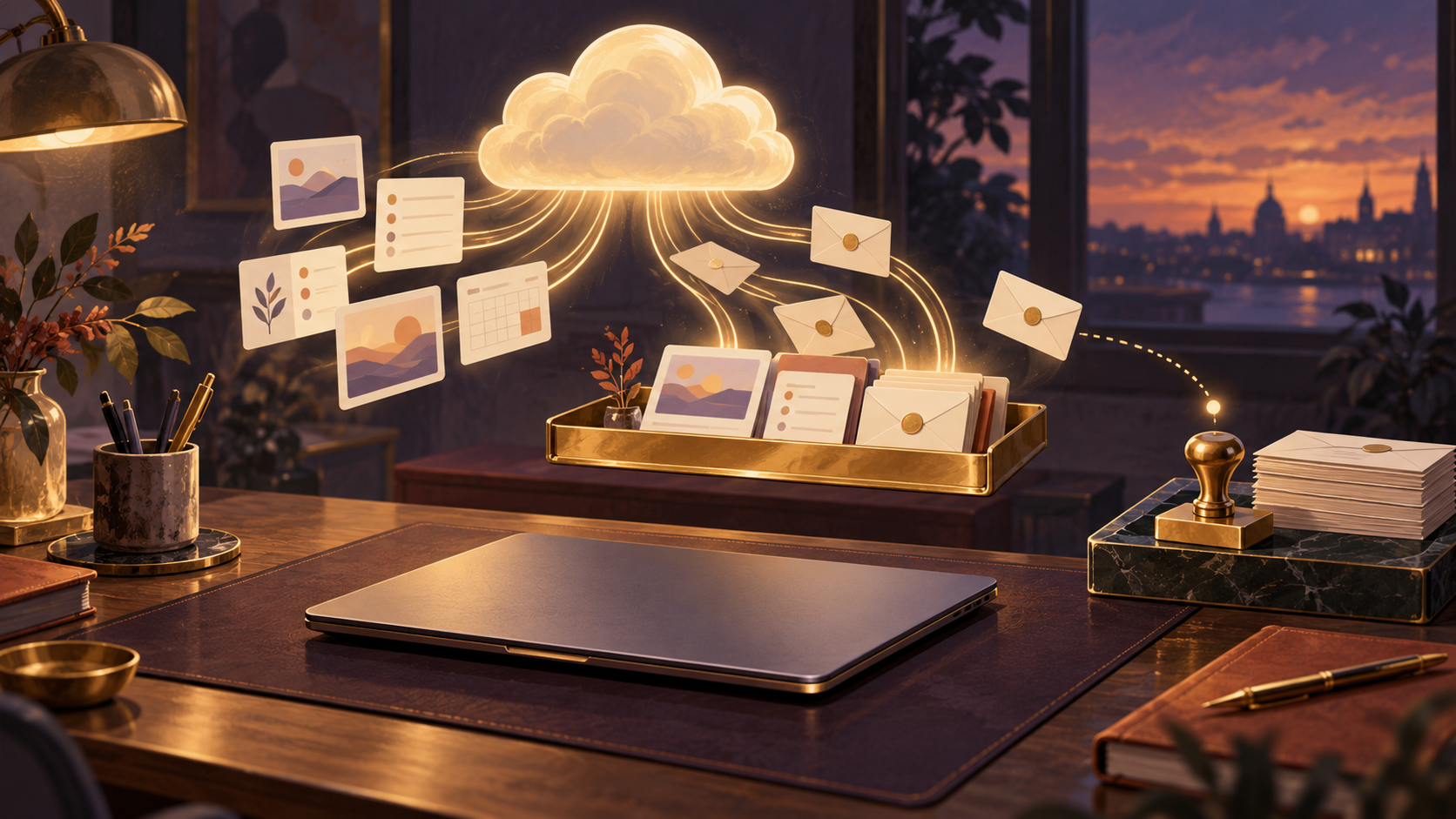 A closed laptop beneath a cloud arranging drafts into a tray, with an approval stamp beside outgoing envelopes.