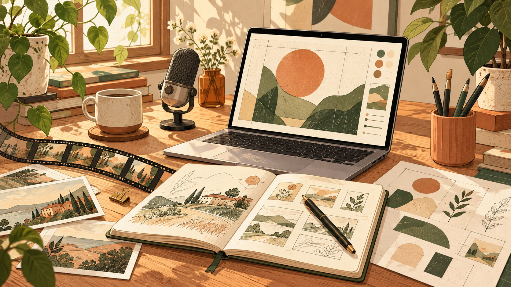 制作道具と資料を描いた、人物のいない二次元イラスト